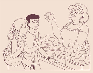 Vector drawing. Boy and girl bought apples