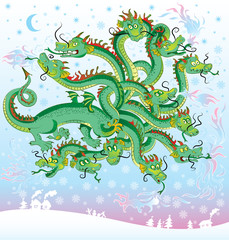 Obraz premium Dragon with twelve heads, vector illustration