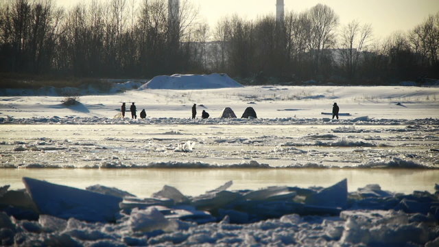 Floating of ice on a river