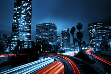 Los Angeles, Urban City at Sunset with Freeway Trafic - obrazy, fototapety, plakaty