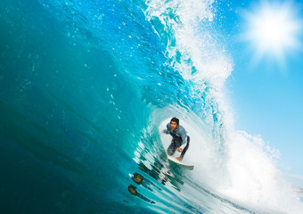 Surfer on Blue Ocean Wave - obrazy, fototapety, plakaty
