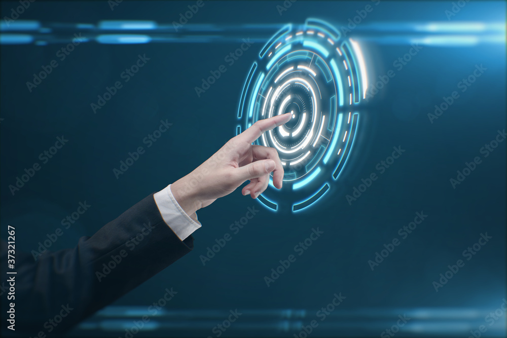 Aufkleber Hand pushing a button on a touch screen interface