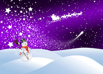 Fototapeta na wymiar Zimowy krajobraz, człowiek śniegu, Shooting Star, fioletowe gwiazdki
