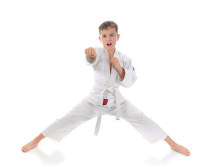 Young boy training karate.