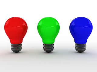 Three light bulbs with RGB colors. 3D image