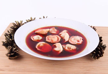Polish red borscht with uszka (a mushroom filled dumplings)