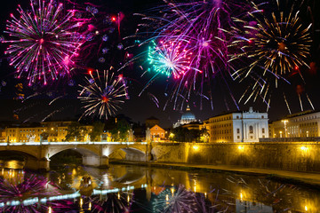 fireworks over bridge Vittorio Emmanuel through Tiber.Italy.Rome