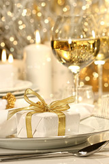 Gold ribbon gift with gold background