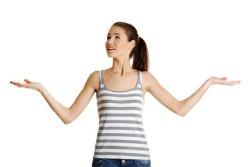 Female caucasian teen looking up.