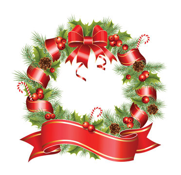 Cristmas Wreath With Red Ribbon