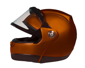 Motorcycle helmet with a raised glass. Dark-golden