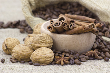 anise, cinnamon sticks, walnuts and coffee beans