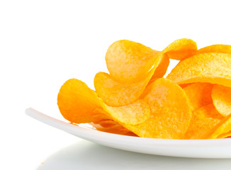 Fototapeta na wymiar Delicious potato chips on plate isolated on white