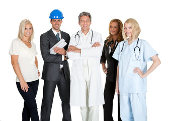 Group of people in different occupations on white