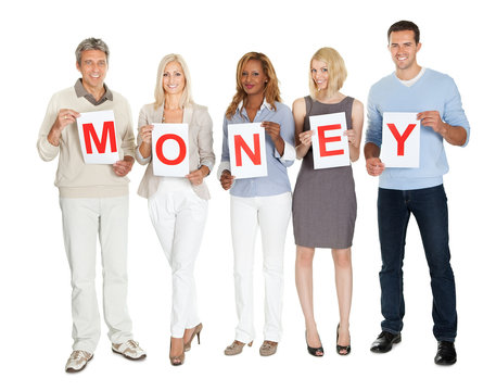 Casual group holding money sign board on white