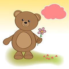 happy birthday card with teddy bear and flower