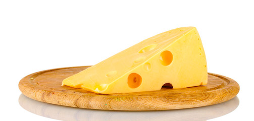 Сheese on wooden board isolated on white