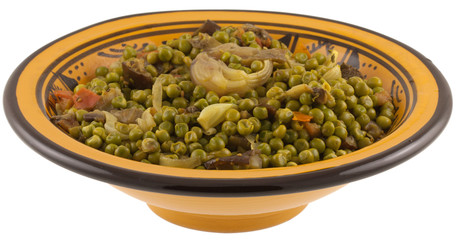 petits pois cuisinés, aubergine, oignon, tomate
