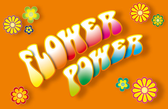 FLOWER POWER lettering with floral symbols on orange background. Illustration.