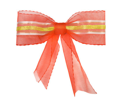 Red Bow With Gold Tape And Ribbons On White Background