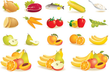 Food icons set - fruit, vegetables, meat, corn. Vector