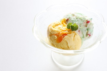 Mango and mint ice crem on white background