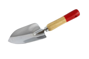 Wooden handle trowel on white background.
