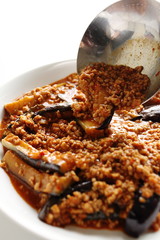 Chinese cuisine, eggplant and mince stir fried