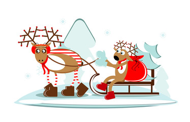 christmas deer on sleigh with tree and gift