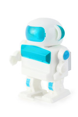 funny toy clockwork wihite-blue anthropomorphic robot on white
