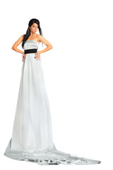 Fototapeta na wymiar woman wearing very long silver dress stands and looks
