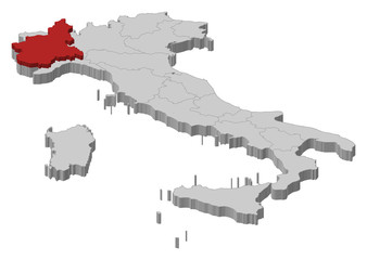 Map of Italy, Piemont highlighted