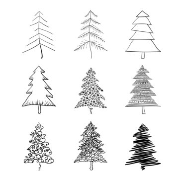 Christmas tree silhouette, set of illustrations. Vector, EPS8.