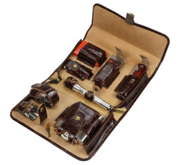 luxury travel kit in brown leather case