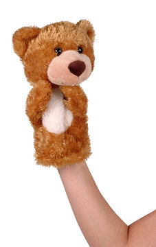 Hand puppet of brown bear isolated on white