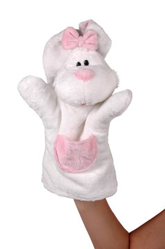 Hand puppet of white rabbit isolated on white
