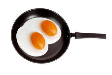 Two fried eggs on a pan isolated on white background
