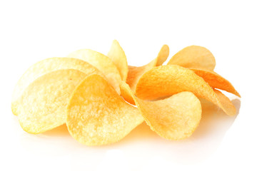 Delicious potato chips isolated on white