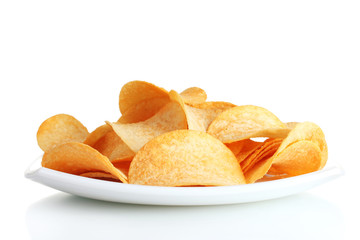 Delicious potato chips on plate isolated on white