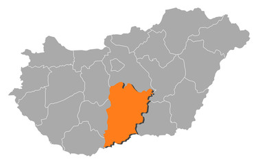 Map of Hungary, Bács-Kiskun highlighted