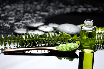 Dekokissen Flasche ätherisches Öl und Farn mit Spa-Salz im Löffel © Mee Ting