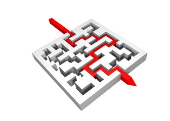 3d labyrinth with a red line crossing