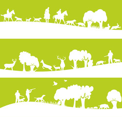 chasse et chasseurs sur bannière verte