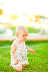 Interested baby playing on grass