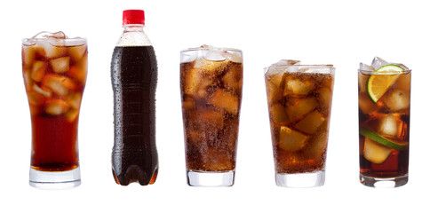 set with different glasses of cola - obrazy, fototapety, plakaty