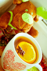 Hot Christmas tea and toy reindeer