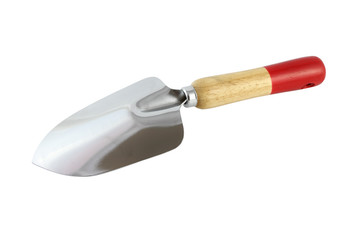 Back of wooden handle trowel on white background.