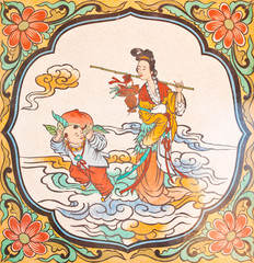 Art Chinese style painting on the wall in temple,Thailand.Genera