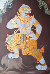 Traditional Thai style painting art on temple wall at Watphrakae