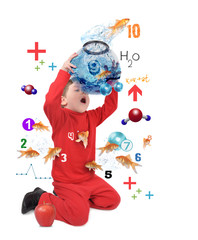 Young Boy Counting Number Fish on White